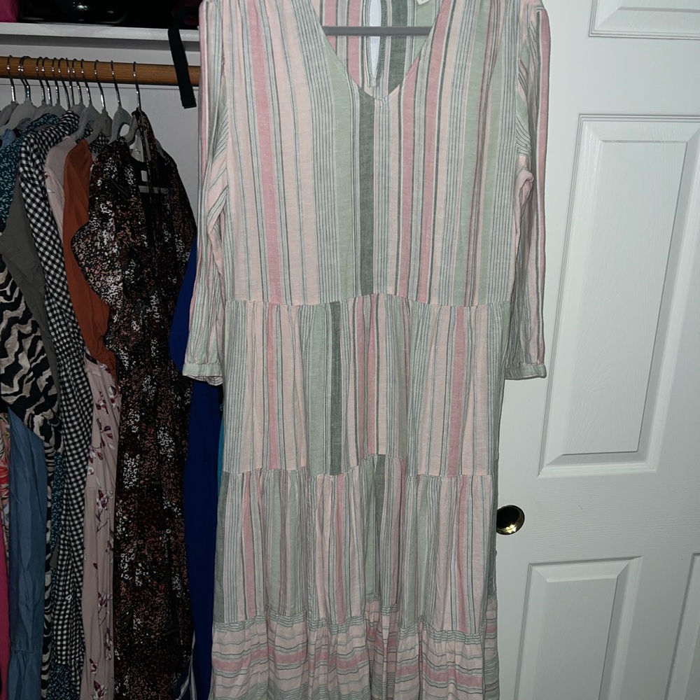 Caslon Long Sleeve Striped Dress in Pink and Green